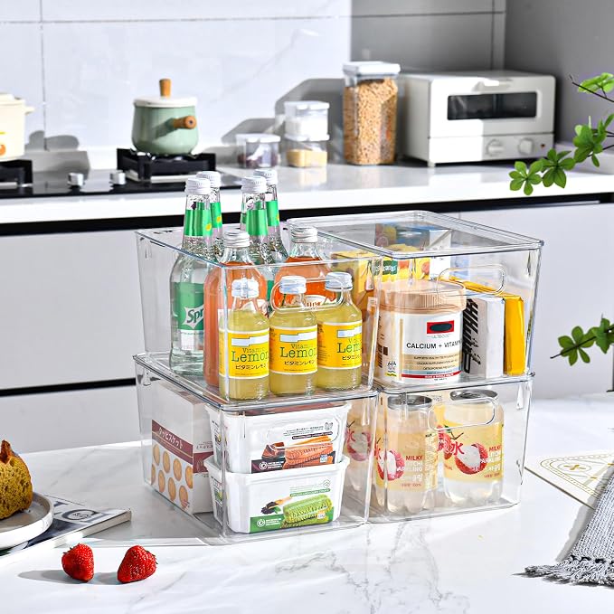 Freebat 12 Pack Clear Storage Bins with Lids, 7 Quart Pantry Organizer Bins | Large, Stackable Plastic Storage Containers, Pantry Organization for Office, Bedroom, Cabinet, Fridge,Kitchen Organization