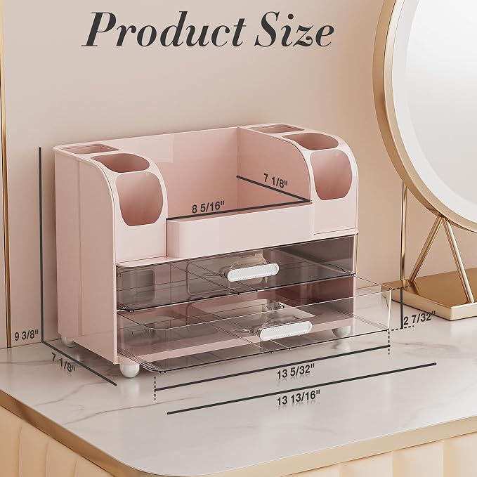 Delamu Large Makeup Organizer Countertop with 6 Brush Holders, Pink