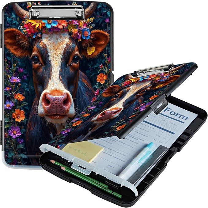 A4 Clipboard with Storage Pen Holder, Clipboards Organizer Nursing Clipboard Foldable File Folder Plastic Clipboard Folio Clip Board for Office Work Classroom Doctor, Black White Cow Flower