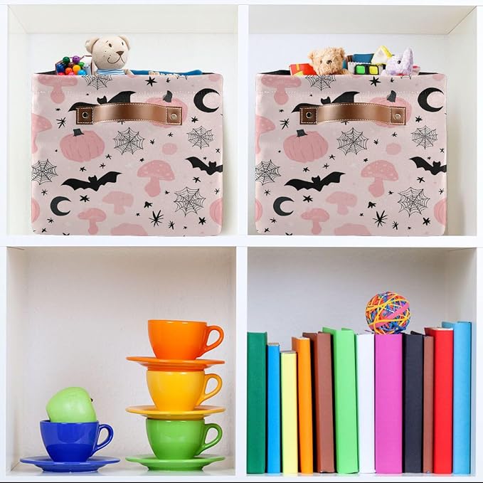 Happy Halloween Pink Storage Basket with Waterproof Liner and PU Handles Pumpkin Bat Moon Mushroom Storage Bins Boxes 14.2" Collapsible Decorative Organizer Baskets for Bedroom Closet Office 2 Pack