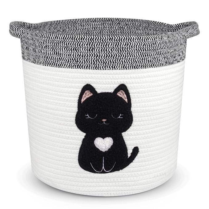 Black Cat Storage Basket - Woven Cotton Rope Basket with Soft Felt Patch, Foldable Organizer for Nursery, Pet Toys & Laundry, Gift & Home Decor (11.8 Inch, Washable)