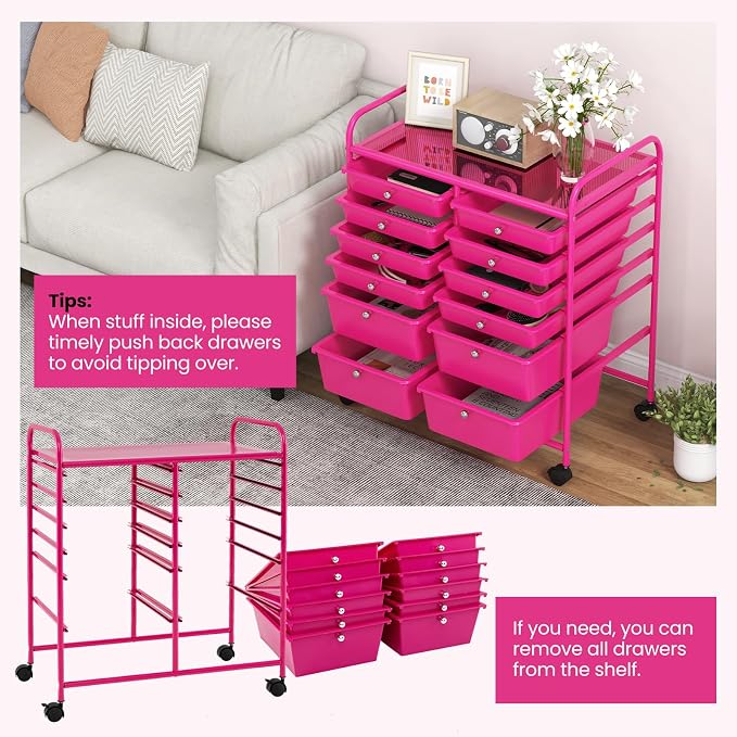 12 Drawer Rolling Storage Cart, Art Cart Organizer on Wheels, Mobile Utility Cart with Drawers, Multipurpose Craft Drawers for Home Office School Classroom (Hot Pink)