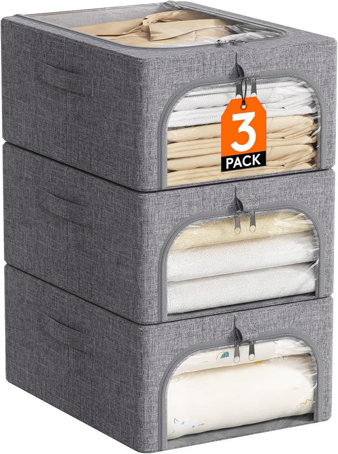 Lifewit Clothes Storage Bins with Metal Frame 3 Pack, Fabric Stackable Storage Bags with Lids, Zipper, Foldable Clost Organizers Containers for Clothing, Blanket, Winter Cloth, 25L