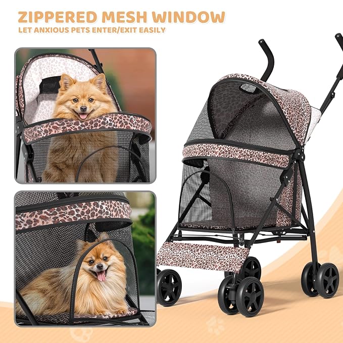 Magshion Compact Fold Pet Travel Stroller for Small Dogs Cats, Leopard | Up to 22lbs, 4-Wheel Lightweight Umbrella Shaped Design, Safety Tethers, Breathable Mesh, Cup Holder & Rear Storage