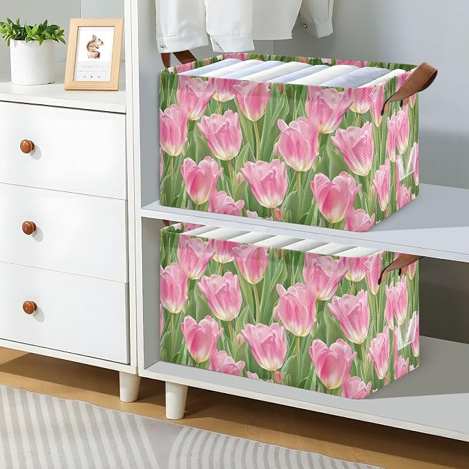 Pink Tulip Flower with Green Leaves Storage Bins for Shelves with Labels&Handles Fabric Organizer Bin Foldable Rectangle Storage Basket Boxes for Closet, Bathroom, Home, Living Room