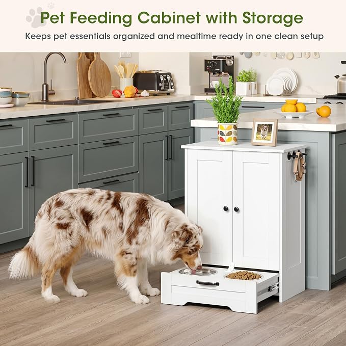 Dog Feeding Station with Storage Cabinet, White Wood Dog Cabinet with 2 Elevated Stainless Steel Bowls, Hidden Pull-Out Feeder Drawer, Pet Feeding Station for Kitchen and Living Room