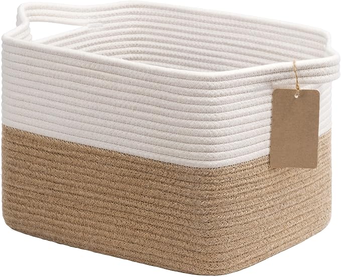 Goodpick Woven Rope Storage Basket for Shelves, Rectangle, Jute | 13" × 10" × 9" Stylish Gift Basket for Bedroom & Living Room Organization, Fits Toys & Pet Supplies Storage, Writable Label