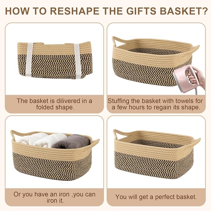 OIAHOMY Woven Basket, Gift Basket Empty with Gift Bags and Ribbons, Rope Baskets for Baby Showers, Storage Baskets with Handles for Nursery, Pet Toy Organizer -Black & Yellow
