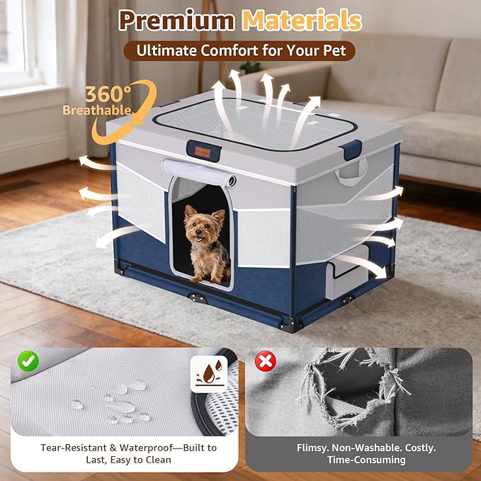LOOBANI Small Dog Playpen, 32"x24"x22", Foldable & Portable, Blue | Puppy Cat Playpen Indoor, with Sturdy Steel Frame, Travel Dog Crate with Carry Bag, Removable Washable 690D Fabric Cover