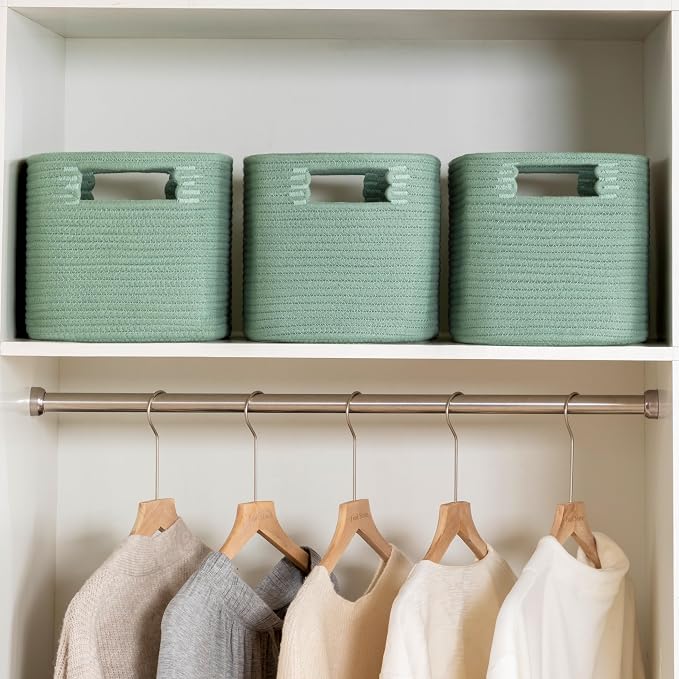 4 Pack Storage Baskets for Organizing, Shelf Baskets with Handles, Green | 14.5"Lx9.8"Wx9"H, Woven Basket, Cotton Rope Basket, Toy Storage, Cube Shelf, Gift Baskets Empty, Home Decor