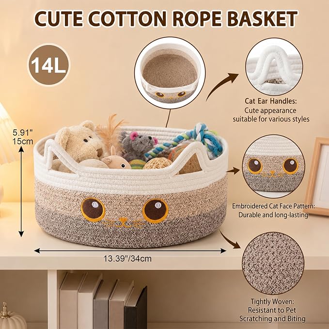 Small Round Cat Toy Basket,Cotton Rope Storage Basket for Living Room,Brown | Cute Decorative Dog Toy Basket, Toy Bin for Baby, Pet, Gift Basket for Halloween, Baby Shower , 13.4"×13.4"×5.9"
