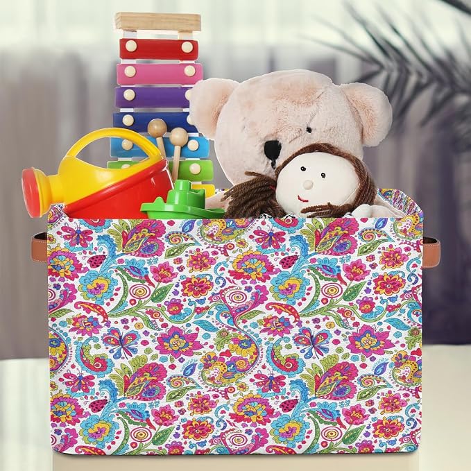 AUUXVA Storage Basket Colorful Paisley Flower Floral Storage Cube Box Durable Canvas Collapsible Toy Basket Organizer Bin with Handles for Shelf Closet Bedroom Home Office