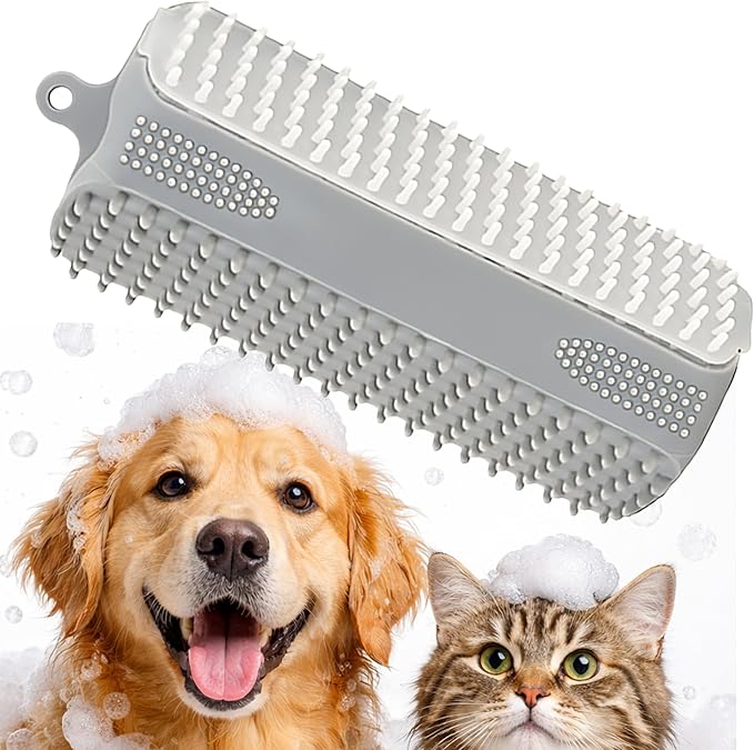 Triangular Wrap-Around Pet Grooming & Bath Brush for Dogs & Cats – 3-in-1 Silicone Dog Bath Brush with Deshedding Bristles, Massage Cones & Deep Cleaning Nubs, Soft Flexible Self-Cleaning Design,Gray