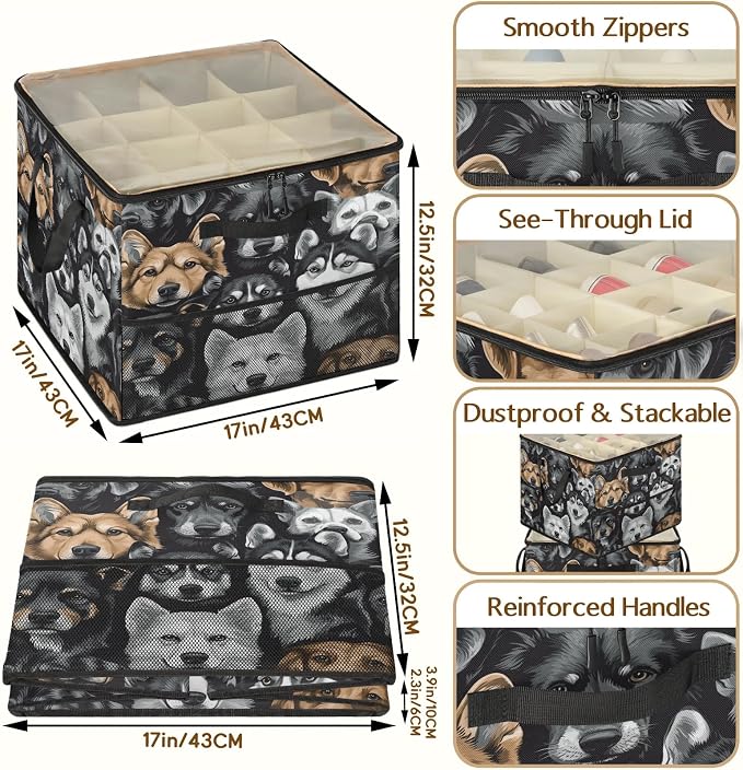 TropicalLife Funny Dog Faces Shoe Organizer for Closet | Foldable Shoe Storage Organizer Box Bin with Adjustable Dividers and Clear Cover, Fits up to 16-32 Pairs