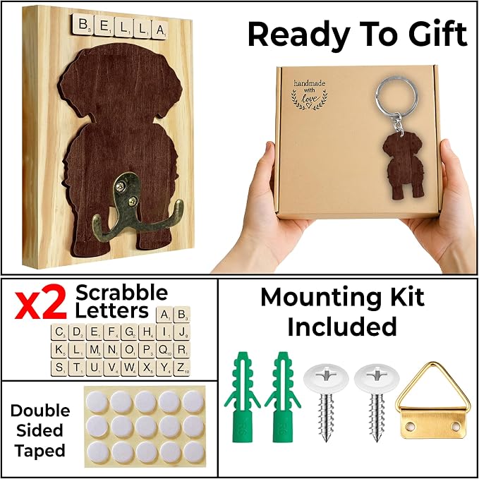 Golden Doodle Dog Leash Holder Wall Mount with Scrabble Letters, Wooden Dog Wall Hook Organizer, Pet Collar and Harness Hanger for Entryway, Key Hook Gift for Pet Lovers, Home Decoration PF297-39