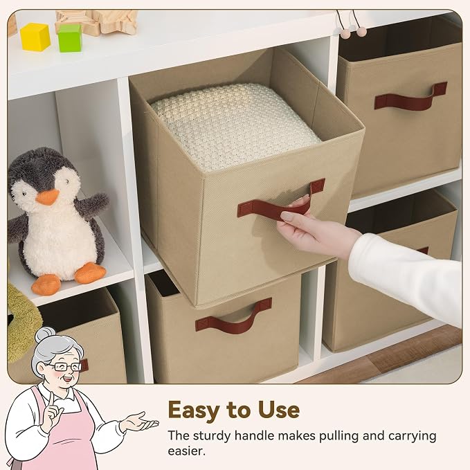 GRANNY SAYS Cube Storage Bins, 11 Inch Cube Organizers, Khaki, 6-Pack | Collapsible Storage Boxes with Thickened Base Plate, Sturdy Handles, Decorative Baskets for Shelves, Closet