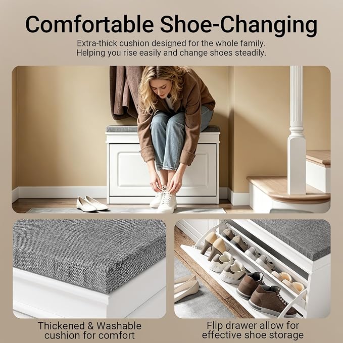 Haotian Shoe Storage Bench with Cushion | White Narrow Shoe Rack for Entryway, Small Shoe Cabinet with Flip-Drawer, Closet Hallway Mudroom FSR82-L-W