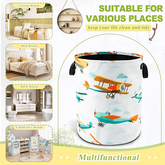 Airplane Cartoon Laundry Basket Foldable Waterproof Hamper 18.9 x 16.5 Inch | Oxford Cloth With Reinforced Handles Lining Design Large-Capacity Storage For Bathrooms/Laundry Rooms/ Living Rooms/Bedrooms