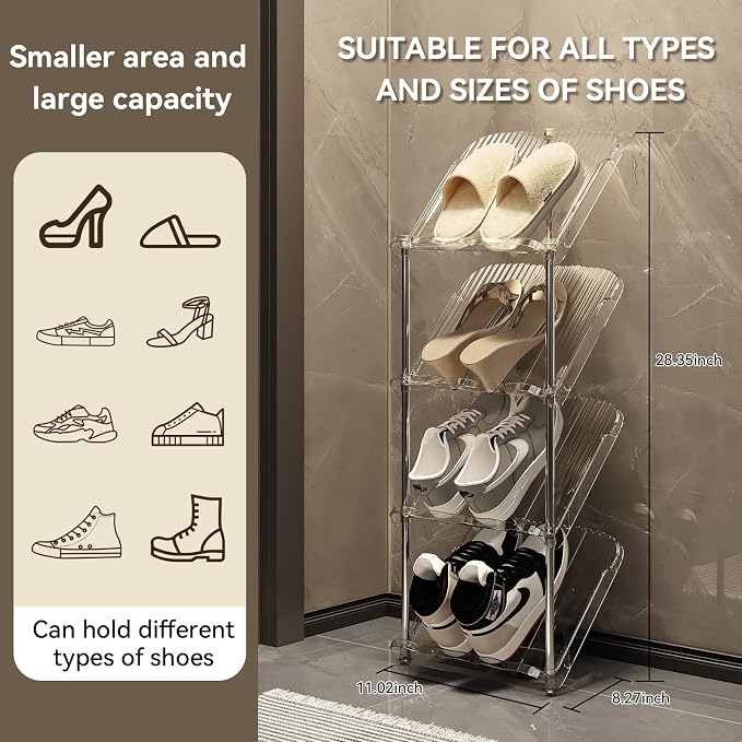 YYW Transparently Narrow Shoe Rack, Vertical Shoe Rack for Entryway Corner | Small Shoe Storage Organizer, Save Space Slim Shoe Shelf for Front Door Entrance, Easy To Assemble, PET Material