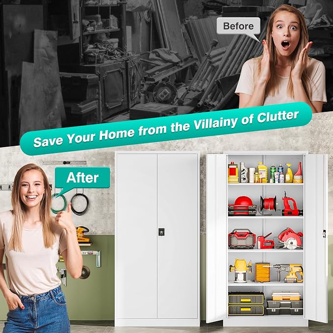 White Metal Storage Cabinet with Adjustable Shelves,71" Tall Metal Cabinet with Locking Doors,Steel Cabinet with Lock,Lockable Storage Cabinets for Home,Office,Kitchen,Laundry,Pantry
