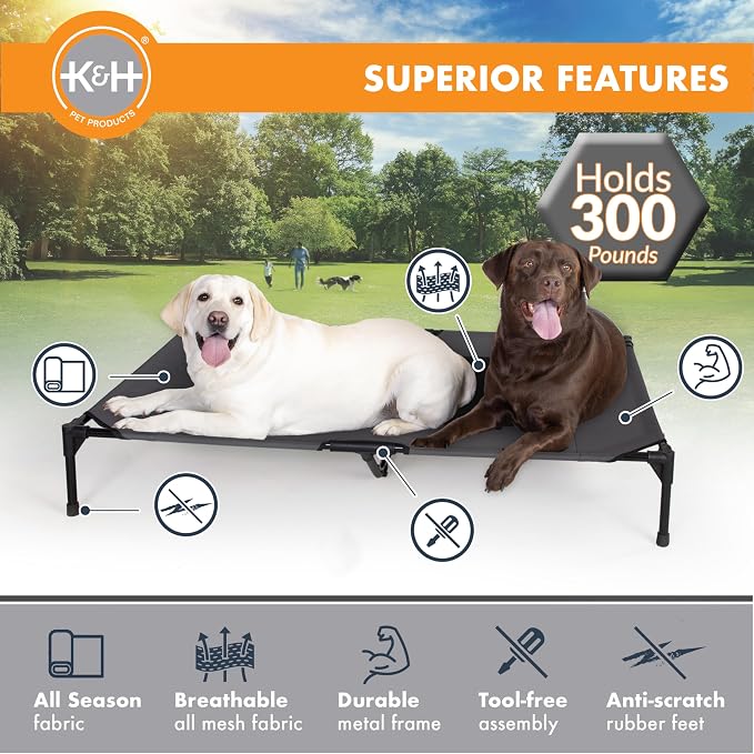 K&H Outdoor Elevated Dog Bed, Cooling Raised Dog Bed, Charcoal, Jumbo | Pet Cot for Extra-Large & Giant Pets, Breathable Mesh Center Hammock Design, Indoor/Outdoor Washable Cover, 56x38in