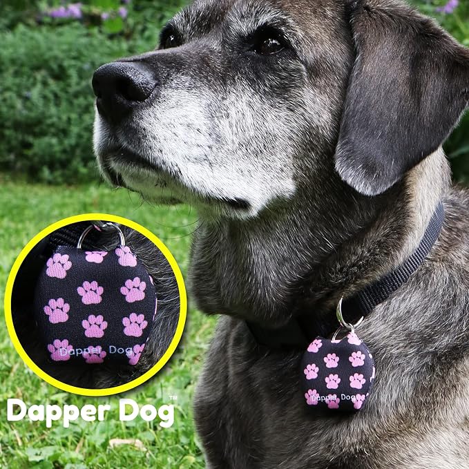 Dapper Dog - Dog Tag Silencer with Tag Ring (Black with Pink Paw Prints)