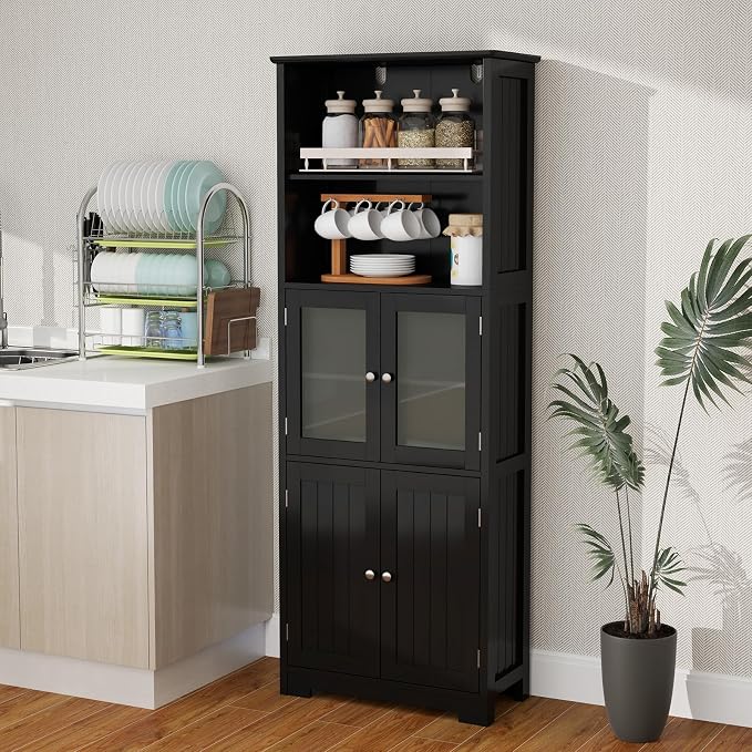 LOKO Tall Bathroom Cabinet, Modern Storage Organizer with Doors & Open Shelves, Wooden Floor Cabinet with Adjustable Shelves for Bathroom, Living Room or Kitchen (Black)