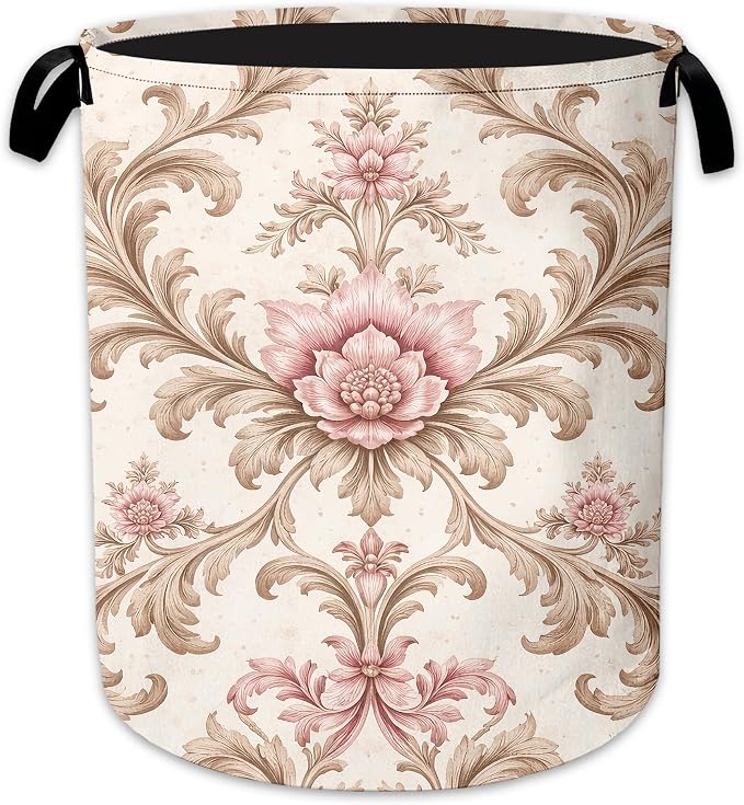 Vintage Floral Laundry Basket, Damask Leaves Collapsible Laundry Hamper Waterproof Oxford Cloth With Handles, Clothes Storage Bucket For Bathroom/Bedroom 16" x 20.8"