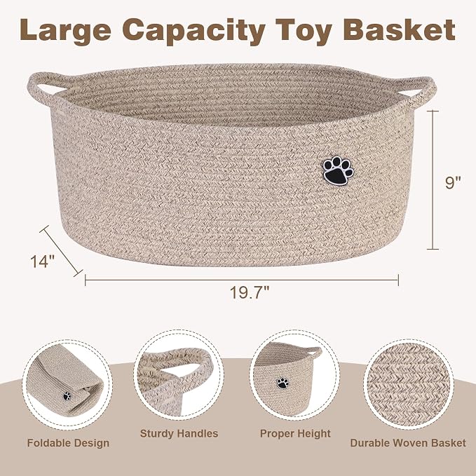 Optish 40L Extra Large Dog Toy Basket, 20" x 14" x 9" XL Toy Storage Box and Bin with Handles, Woven Cotton Rope Foldable Basket for Blankets, Living Room, Bedroom, Home Decor, Brown