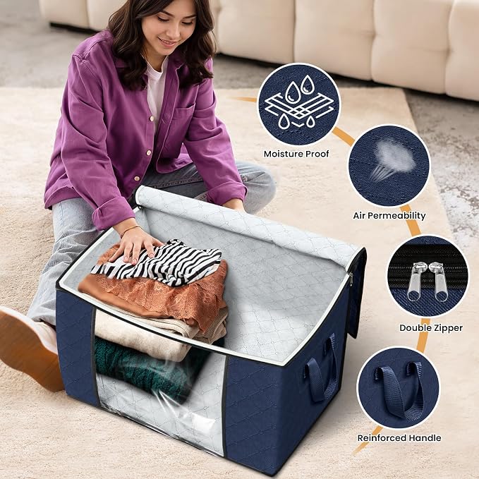 90L Clothes Storage, Foldable Thick Fabric Blanket Storage Bags | Foldable Containers with Zippers,Window and Handles for Organizing Bedroom, Closet, Comforter, Bedding,Dorm essentials