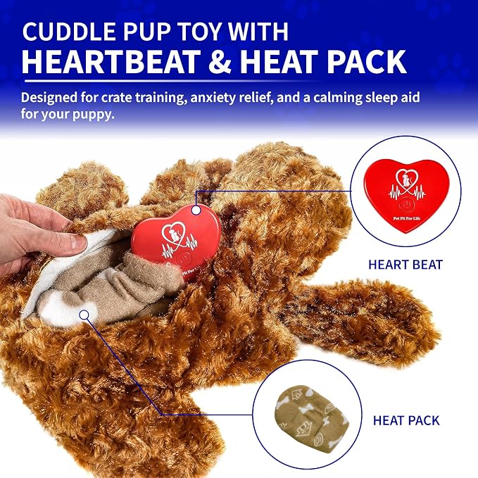 Pet Fit For Life Cuddle Pup Toy with Heartbeat & Heat Pack - 12" Long Small | Heartbeat & Heat Pack with USB Rechargeable Design. Huggable Teddy Bear Texture for Crate Training and Cozy Comfort.