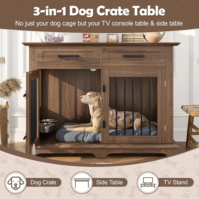 44.48" Large Dog Crate, 3-in-1 Wooden Dogs Crate End Table TV Stand Furniture with 2 Storage Drawers and Rotating Bowls, Decorative Pet House Dog Crates for Small/Medium Dogs, Brown