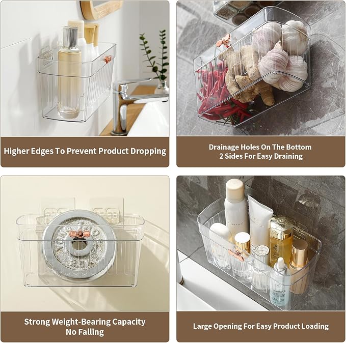 2 Pack Clear Acrylic Small Wall-Mounted Storage Baskets with Adhesive, No Drilling, Hanging Wall Mount Storage Bins for Kitchen, Pantry, Bathroom, RV