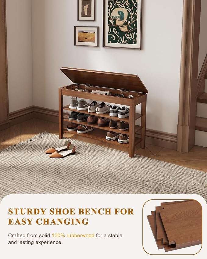 IUNVR Shoe Rack Bench Seat Rubberwood 3-Tier Wooden Storage Bench 550lbs Compact Mid-Century Modern Design for Entryway, Hallway, Closet, Front Door Entrance, Foyer