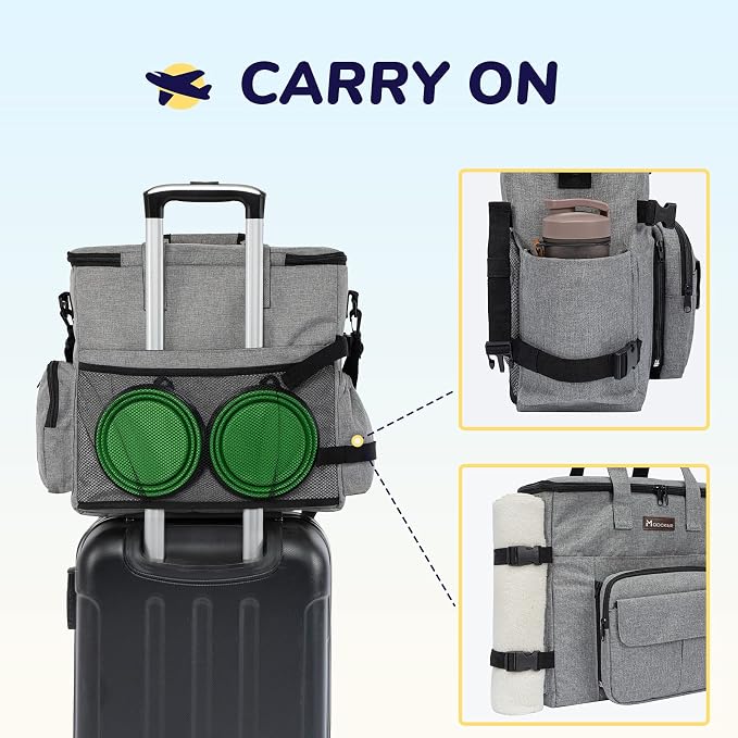 Modoker Dog Travel Organizer with 2 Collapsible Bowls for Supplies & Accessories, Airline Approved Dog Tote Pet Travel Bag with 2 Travel Food Container | Dog travel accessories set with feeding supplies, bowls, mat, and strap. Ideal for weekend trips.