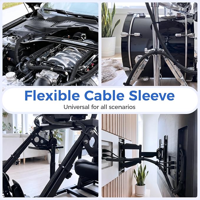 Delamu 30ft - 1/2 inch Cable Sleeve Cord Protector from Pets No Chew, Split-Braided PVC Wire Loom Tubing for Desk Computer USB TV Cord Organizer, Easy Set-up Cable Management Sleeve Kit, Black