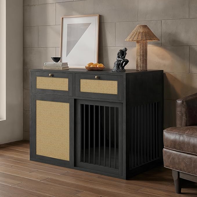 PureCozy Wooden Dog Crate Furniture, Right Unit, 40 Inch,Black Oak | Cane cabinet and metal sliding door with 2 storage drawers; furniture-style indoor kennel doubles as an end table.