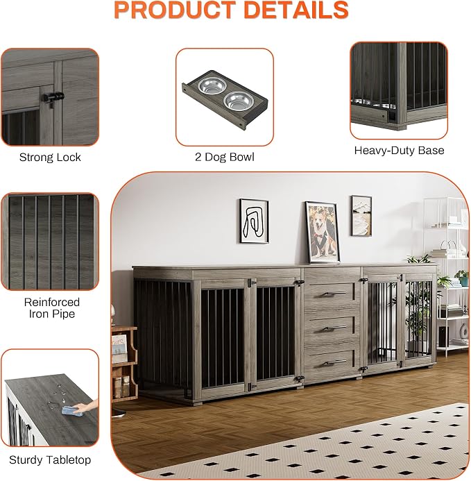 Rophefx 94.5" Dog Crate Furniture for 2 Dogs, Wooden Kennel TV Stand,Grey | Indoor double dog house with 3 storage drawers, 4 feeding bowls, lockable doors, and a wide top for large and medium dogs