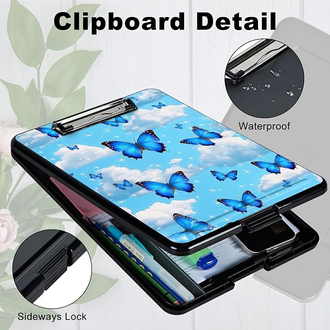 Heavy Duty Storage Clipboard, Slim Nursing Clipboard with Internal Pen Case, Portable File Organizer Case for A4 Letter Size Paper Office Medical Professionals, Blue Butterfly White Cloud