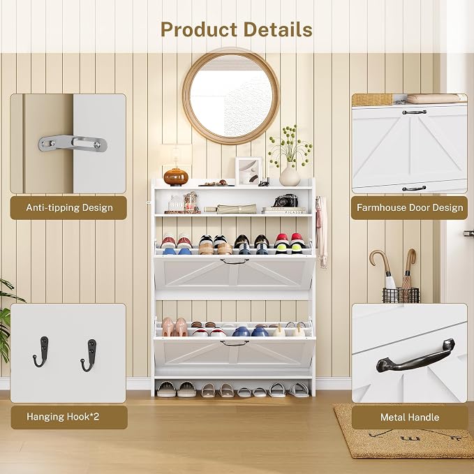 Shoe Storage Cabinet with 2 Flip Drawers for Entryway,Hallway | 9.4"Deep,Freestanding Shoes organizer,Adjustable & Removable Shelves,2 Hooks,Anti-tip Device,White