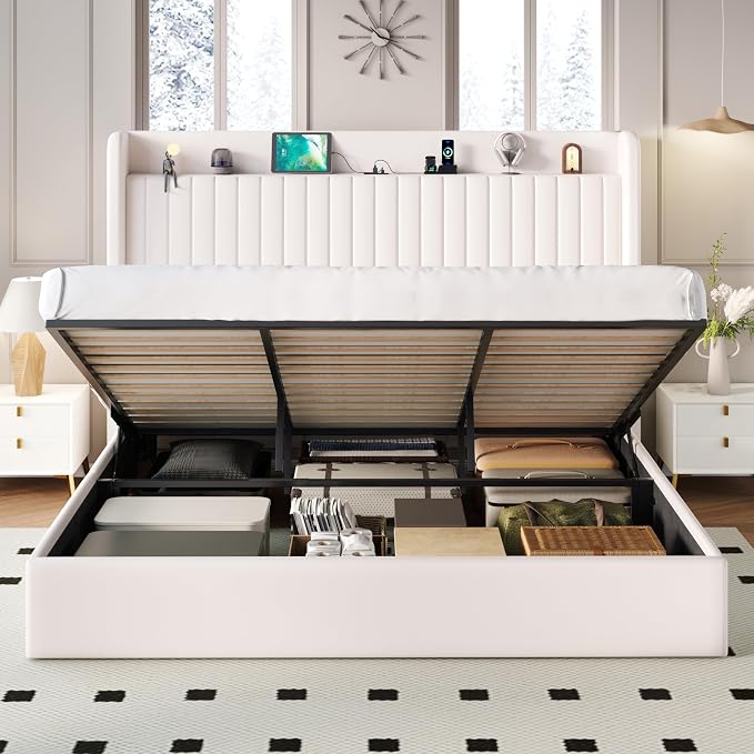 SHA CERLIN King Size Lift Up Storage Bed Frame, Charging Station, White | Storage Headboard with Charging Station, USB, Type-C Port Velvet Hydraulic Storage Bed No Box Spring Needed Noise Free