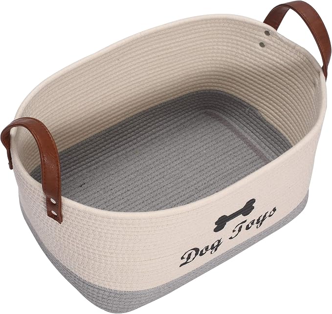 Large Dog Toy Basket, 100% Cotton Rope Dog Toy Storage Bin-Beige ﻿ ﻿ | Dog Toy Box for Livingroom Area with Handle for organizing Pet toys,Blankets,Leashes,Pee Mats and Diapers-16.5"x10.6"x 7.5"