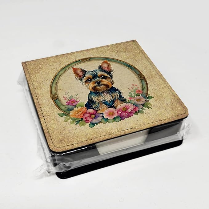 Caroline's Treasures Yorkshire Terrier and Flowers PU Leather Note Paper Holder with Artist-Designed Cover, Desk Accessory, Office Gift