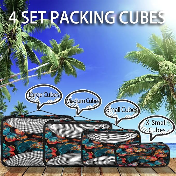 4 Set Packing Cubes for Travel, Butterfliesr Packing Cubes for Women, Travel Luggage Packing Organizers, Packing Cube Set, Colorful Butterfly