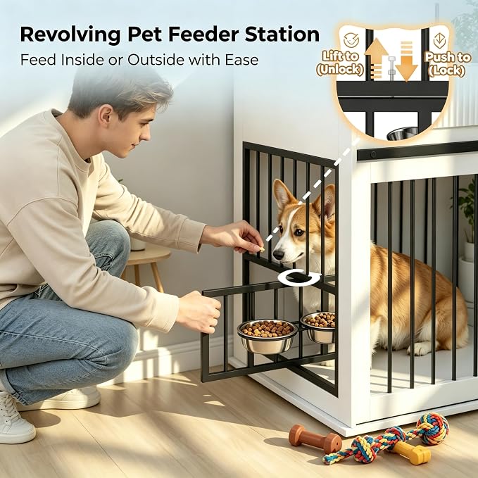71" White+Walnut Double Dog Crate TV Stand with Charging & Feeder | 3 Fluted Drawers, Rotating Feeder Design, Heavy Duty Frame, for 2 Dogs, Indoor Pet Kennel