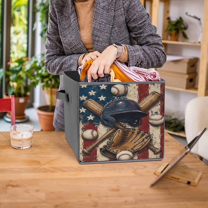 Baseball Gear American Flag Design Storage Bin with Handles, Oxford Fabric Foldable Storage Cube Organizer for Clothes, Towels, Bedroom, Living Room, Home Organization