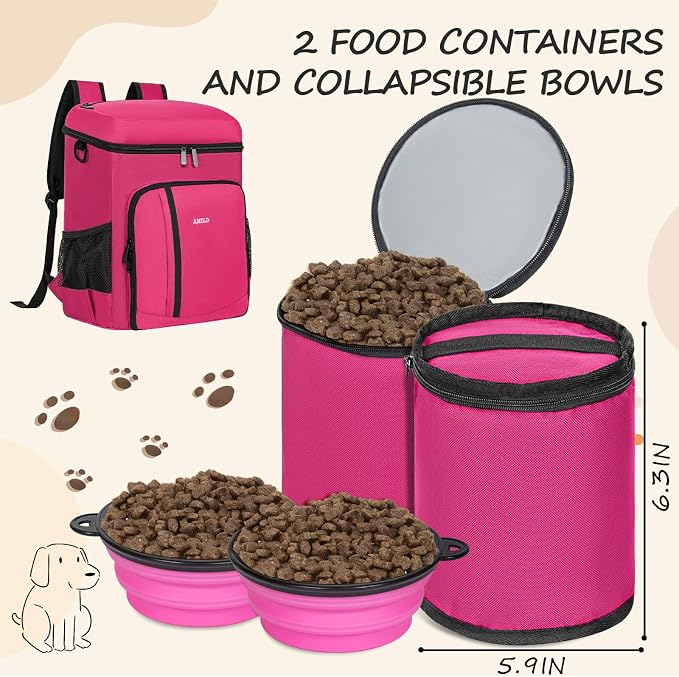 ANILD Dog Travel Bag Backpack, Flight-Ready TSA-Approved Dog Travel Bag with 2 Leak-Proof Food Canisters, 2 Foldable Silicone Bowls, Multi-Compartment Organizer for Hiking, Camping, Dog Mom Essentials