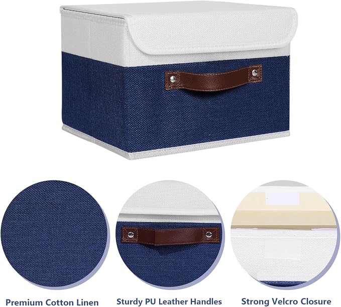 ANMINY Fabric Storage Box Bins with Lids, Blue White, 10"x8"x7" | Keepsake Memory Storage, Cotton Linen, PP Board Reinforced, Washable, PU Handles, Foldable & Stackable, Decorative, Small
