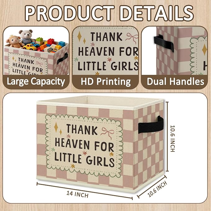 Girl Nursery Cube Storage Bins with Handles, Thank Heaven for Little Girls Pink Checkered Collapsible Fabric Storage Basket Boxes Books Clothes Organizer for Girls Room Bedroom Bathroom