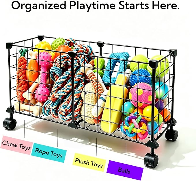 Indestructible X Large Dog Toy Basket with Wheels, Metal Dog Toys Holder for Cats, Heavy-Duty Storage Bin for Chew Toys & Blankets Pet Food Storage Box Organization, Chew-Proof Toy Organizer for Puppy